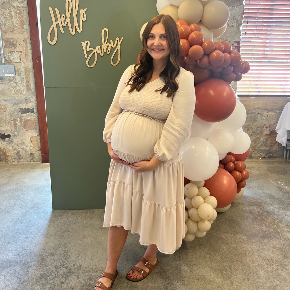 Soft Neutral Smocked Midi Dress – Maternity-Friendly